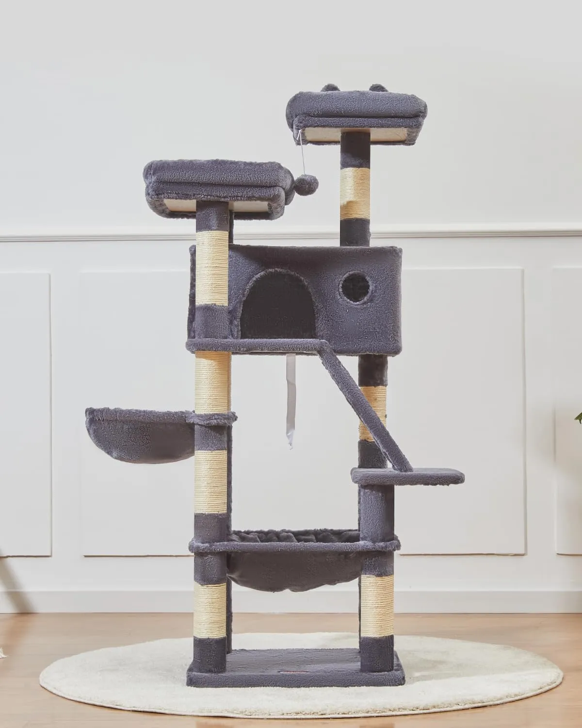 Taoqimiao Cat Tree 57.5-Inch, Cat Tower for Indoor Cats Large Adult, Extra Large Cat Condo, 8 Sisal Scratching Posts, Metal Frame Cozy Hammock, Durable Scratch Board, 2 Top Perches, Smoky Gray MS026G