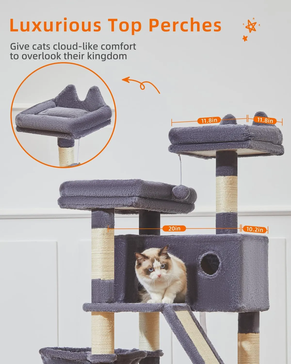 Taoqimiao Cat Tree 57.5-Inch, Cat Tower for Indoor Cats Large Adult, Extra Large Cat Condo, 8 Sisal Scratching Posts, Metal Frame Cozy Hammock, Durable Scratch Board, 2 Top Perches, Smoky Gray MS026G