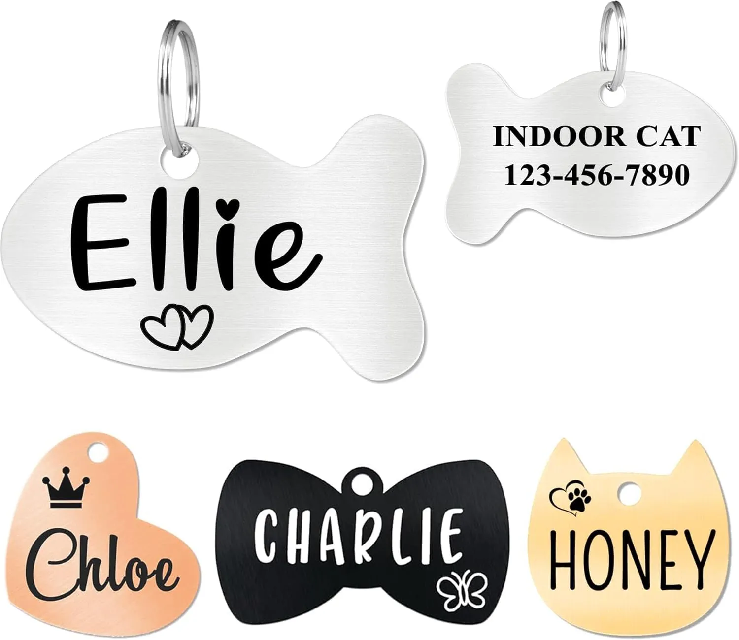 Ultra Joys Cat ID Tag Personalized Pet Tags, Durable Stainless Steel Small Pet Mini Dog Cat Tag Lightweight - Fish Tag in Silver