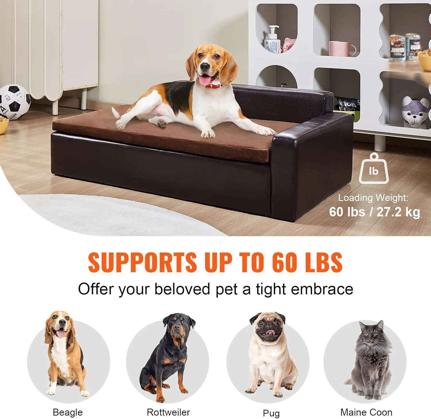 VEVOR Dog Bed, Dog Couch for Small Dogs and Cats, Leather Pet Sofa and Chair, 60 lbs Load Capacity, Black/Brown