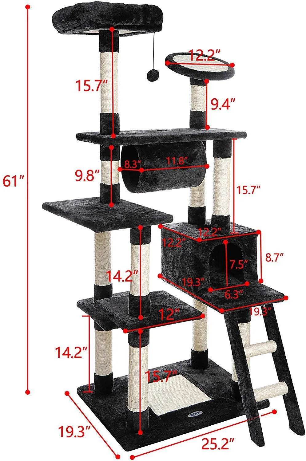 ZENY™ 61'' Cat Tree with Sisal Scratching Posts Perches Houses and Tunnel, Cat Tower Furniture Kitty Activity Center Kitten Play House