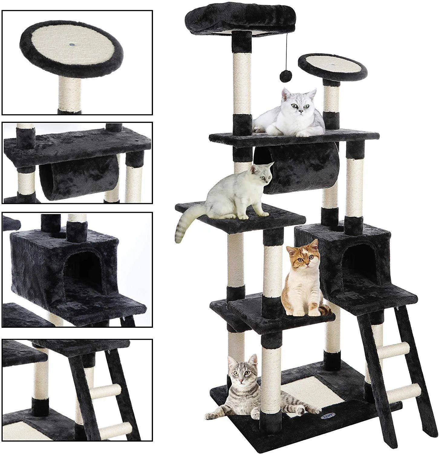 ZENY™ 61'' Cat Tree with Sisal Scratching Posts Perches Houses and Tunnel, Cat Tower Furniture Kitty Activity Center Kitten Play House